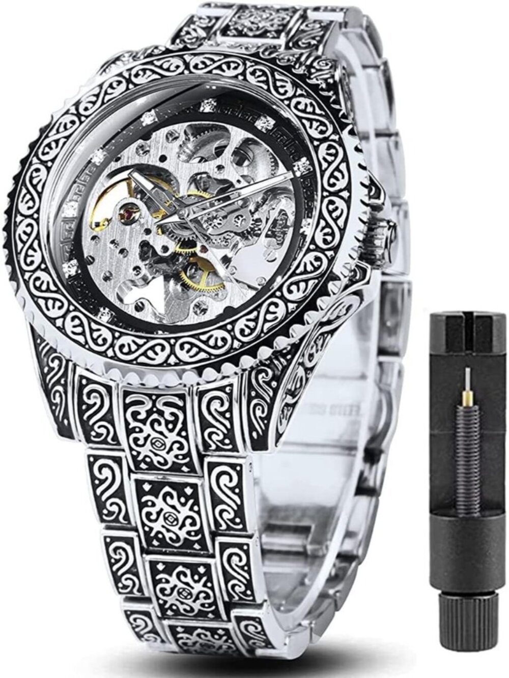 Men's Silver Black Automatic Skeleton Stainless Steel Band Mechanical Watch